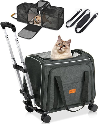 Morpilot Cat Carrier with Wheels - Cat Carrier Soft & Expandable, Rolling Dog & Cat Carrier for Medium Cats and Dogs Under 15LBS, Pet Carrier with Wheels on Upgraded Wheels and Telescopic Handle