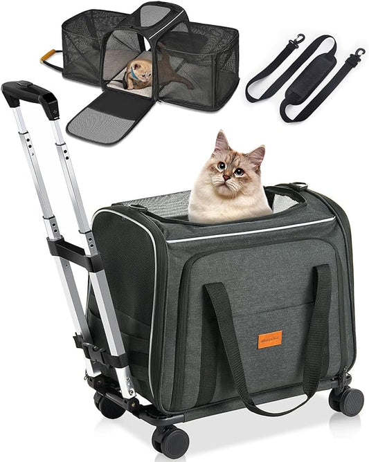 Morpilot Cat Carrier with Wheels - Cat Carrier Soft & Expandable, Rolling Dog & Cat Carrier for Medium Cats and Dogs Under 15LBS, Pet Carrier with Wheels on Upgraded Wheels and Telescopic Handle