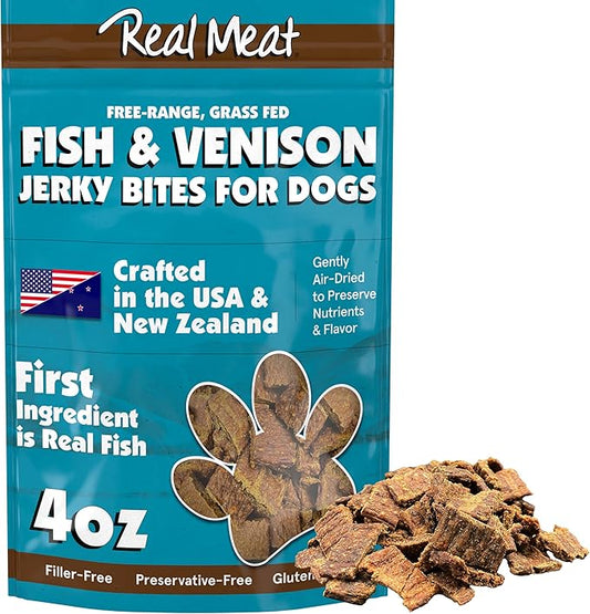 Real Meat Dog Treats - 4oz Bag of Bite-Sized Air-Dried Fish & Venison Jerky for Dogs - Grain-Free Jerky Dog Treats Made up of 95% All-Natural, Human-Grade, Free-Range Venison & Ocean-Caught Fish
