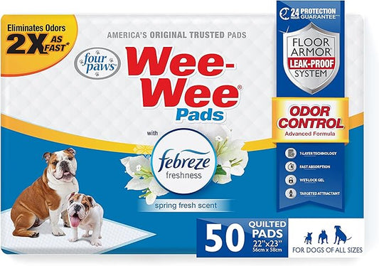 Four Paws Wee-Wee Odor Control with Febreze Freshness Pee Pads for Dogs of All Sizes, Leak-Proof Floor Protection Dog & Puppy Quilted Potty Training Pads, Spring Fresh Scent, 22" x 23" (50 Count)