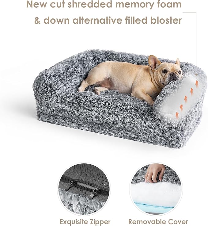 EHEYCIGA Foldable XL Dog Bed, Faux Fur Fluffy Dog Bed for Extra Large Dogs, Orthopedic Calming Memory Foam XL Dog Couch Bed, Washable Soft Warm Dog Sofa Bed with Non-Slip Bottom, Grey, 40"x30"x7"