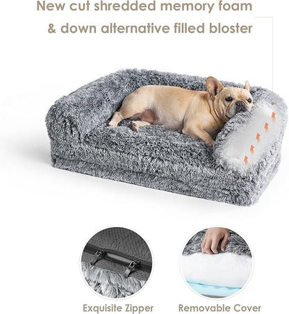 EHEYCIGA Foldable XL Dog Bed, Faux Fur Fluffy Dog Bed for Extra Large Dogs, Orthopedic Calming Memory Foam XL Dog Couch Bed, Washable Soft Warm Dog Sofa Bed with Non-Slip Bottom, Grey, 40"x30"x7"