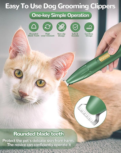 Dog Clippers for Grooming, 2 Speed Low Noise Cordless Dog Paw Trimmer, Rechargeable Small Pet Hair Trimmer for Grooming, Cat Hair Clippers Shaver for Paws, Eyes, Ears, Face, Rump (Green)