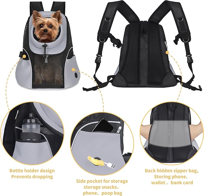 WOYYHO Pet Dog Carrier Backpack Small Dog Front Backpack Ventilated Mesh Dog Travel Back Pack with Safety Belt for Travel Hiking Cycling Outdoor Use (L (10-14 lbs), Black)