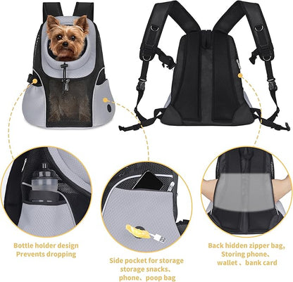 WOYYHO Pet Dog Carrier Backpack Small Dog Front Backpack Ventilated Mesh Dog Travel Back Pack with Safety Belt for Travel Hiking Cycling Outdoor Use (M (5-9 lbs), Black)