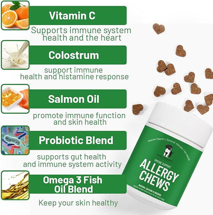 Allergy Relief Chews: Soothe Itchy Dogs with Immunity Support – Dog Allergy Chews, Probiotics for Dogs, Seasonal Allergies, Skin and Coat Supplement - 60 Tasty Bites, Brown