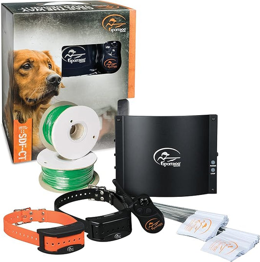 SportDOG Brand Contain + Train System - In-Ground Fence Kit with Remote Trainer & 2 E-Collars - Waterproof, Rechargeable - Tone, Vibrate, & Shock - Expandable to Multiple Dogs - 100 Acre Capability