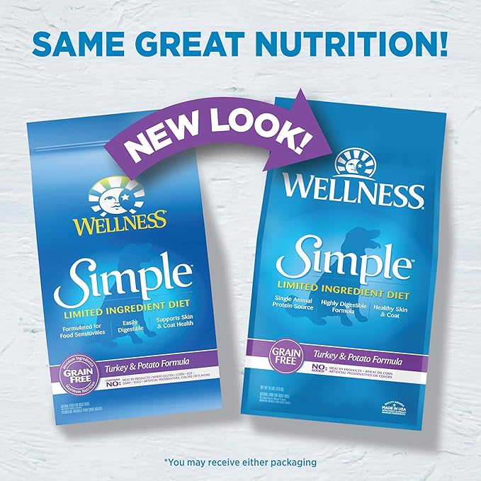 Wellness Simple Natural Limited-Ingredient Grain-Free Dry Dog Food, Easy to Digest for Sensitive Stomachs, Supports Skin & Coat (Turkey and Potato, 26-Pound Bag)