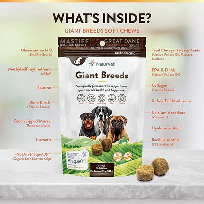 NaturVet Giant Breeds Supplement- for Joint Support, Digestion, Skin, Coat Care- Dog Multivitamins with Minerals, Omega-3, PlaqueOff- Wheat-Free Vitamins for Dogs- Giant Breeds- 50 Soft Chews