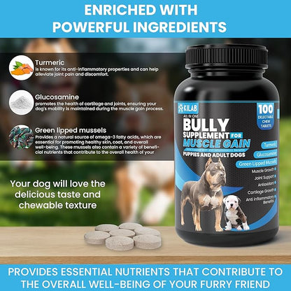 Dog Weight Gainer – 100-Count Muscle Builder Dog Supplement – Muscle Growth Supplement for Dogs, Puppies and Adults – Bully Growth Formula with Turmeric, Glucosamine, Green Lipped Mussels