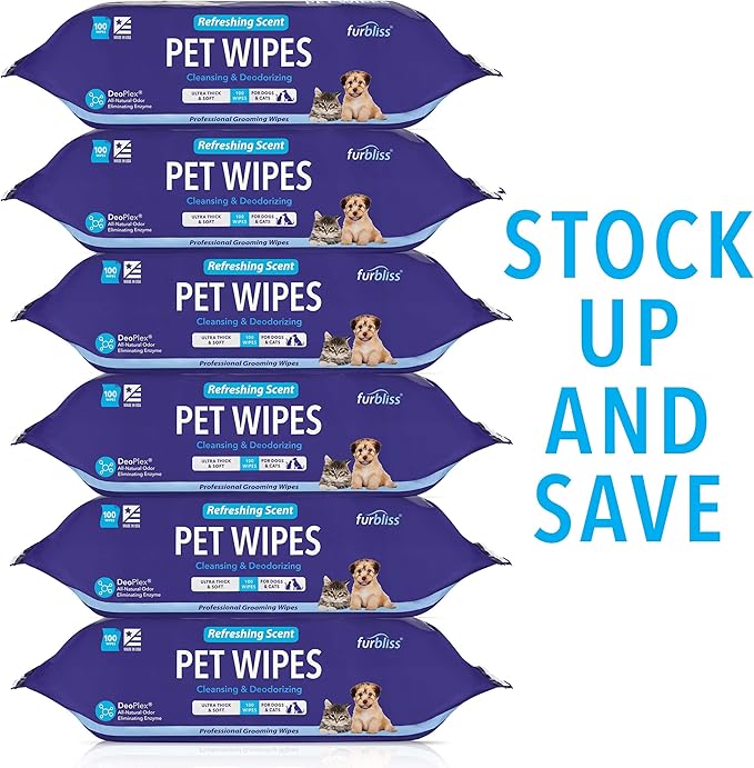 Vetnique Labs Furbliss Hygienic Pet Wipes for Dogs & Cats, Cleansing Grooming & Deodorizing Hypoallergenic Thick Wipes with All Natural Deoplex Deodorizer (Refreshing, 600ct)