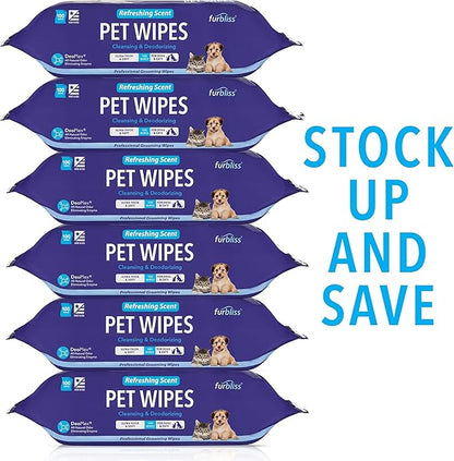 Vetnique Labs Furbliss Hygienic Pet Wipes for Dogs & Cats, Cleansing Grooming & Deodorizing Hypoallergenic Thick Wipes with All Natural Deoplex Deodorizer (Refreshing, 600ct)