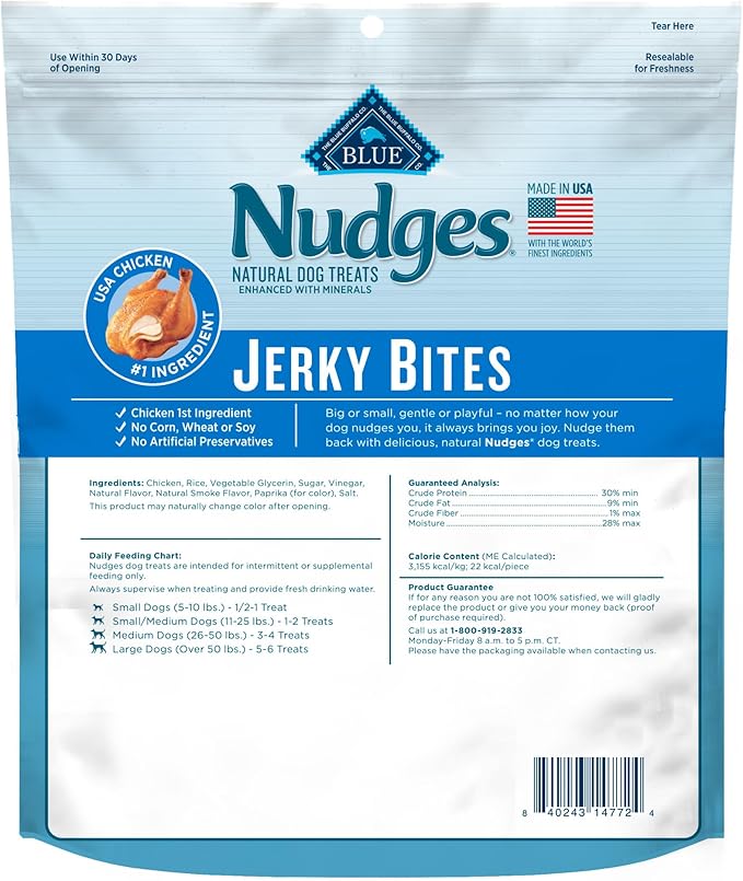 Blue Buffalo Nudges Jerky Bites Dog Treats, Made in the USA with Natural Ingredients, Bite-Sized Pieces, Chicken, 5-oz. Bag