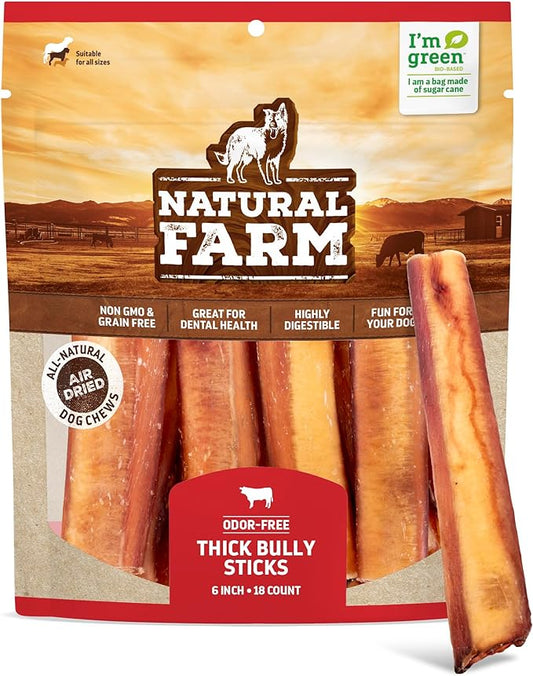 Natural Farm Odor-Free Thick Bully Sticks (6”, 18-pack) ALL-NATURAL Long-Lasting Dog Chews, 100% Beef Pizzle, Grass-Fed, Grain-Free, Protein for Muscle Development & Energy, Perfect For Medium Chewers