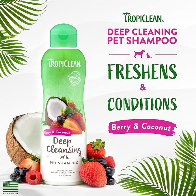 TropiClean Berry & Coconut Deep Cleansing Dog Shampoo | Deodorizing Natural Pet Shampoo Derived from Natural Ingredients | Cat Friendly | Made in the USA | 20 oz.