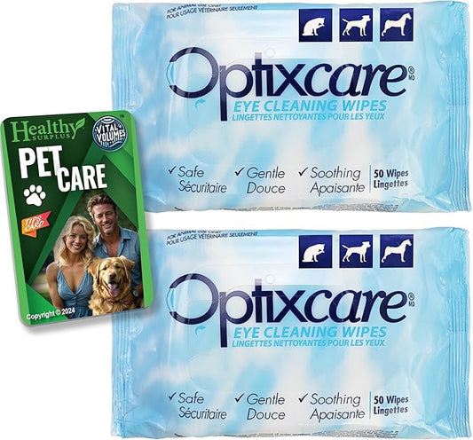 Optixcare Eye Cleaning Wipes for Dogs and Cats 50 Count 2 Pack (100 Total Wipes) and Vital Volumes Pet Care Card - Bundle