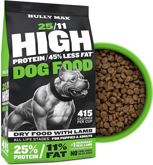 Bully Max 25/11 High Protein & Low Fat Dry Lamb Dog Food for Puppies and Adult Dogs - Chicken-Free Lamb Flavor - Natural Puppy Food for All Ages, Small and Large Breeds - Large Kibble Size, 15 lb. Bag