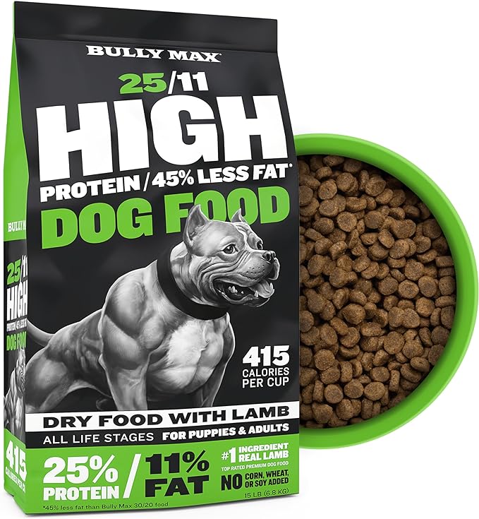 Bully Max 25/11 High Protein & Low Fat Dry Lamb Dog Food for Puppies and Adult Dogs - Chicken-Free Lamb Flavor - Natural Puppy Food for All Ages, Small and Large Breeds - Large Kibble Size, 5 lb. Bag