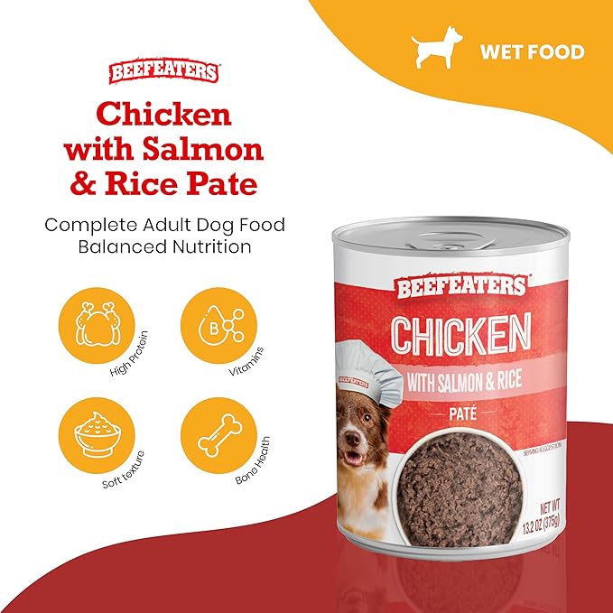 Beefeaters Dog Treats - Chicken with Salmon and Rice Pate 13.2oz, Case of 12 | Complete Adult Dog Food, Balanced Nutrition, High Protein & Vitamins | Supports Muscle & Bone Health
