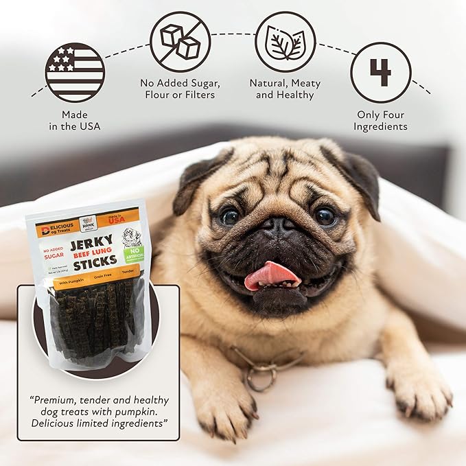 Hank & Harley Jerky Sticks Beef Lung 1 lb - USA Lean Protein Soft Dog Treats with Pumpkin. 100% Natural, NO Added Sugar, Flour or fillers. Ideal for finicky Pets