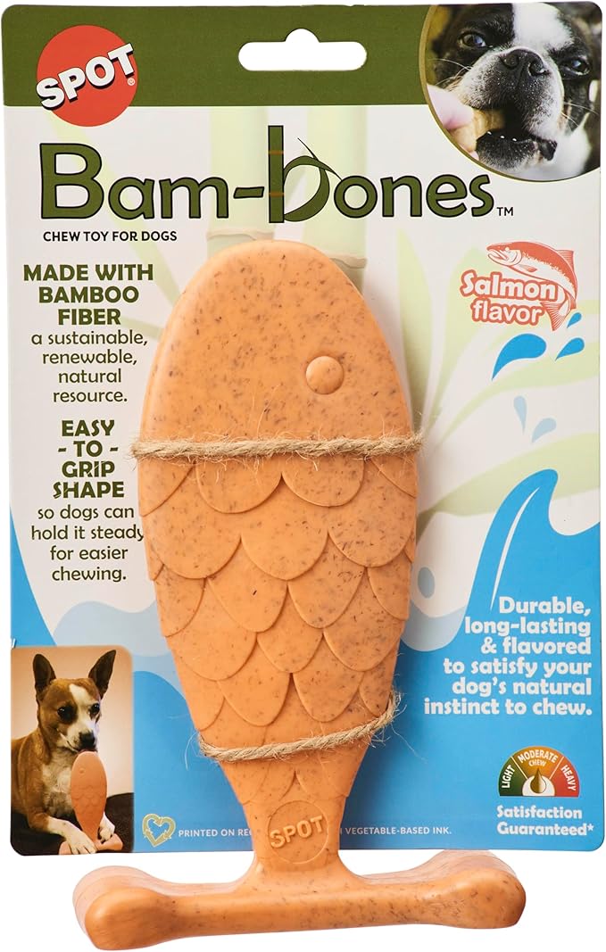 SPOT Bam-Bones Fish - Made with Strong Bamboo Fiber, Durable Long Lasting Dog Bone for Light to Moderate Chewers, Great Chew Toy for Adult Dogs & Teething Puppies Under 50lbs, 7in, Salmon Flavor