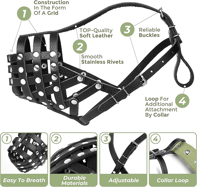 Soft Leather Dog Muzzle for Pitbulls – Dog Muzzle for Large Dogs Pitbull – Large Breathable Pitbull Muzzle Anti Bite – Adjustable Basket Muzzle for Pitbull, Amstaff, Labrador etc. (L Size)