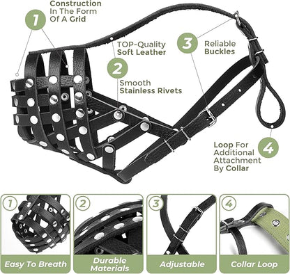 Soft Leather Dog Muzzle for Pitbulls – Dog Muzzle for Large Dogs Pitbull – Large Breathable Pitbull Muzzle Anti Bite – Adjustable Basket Muzzle for Pitbull, Amstaff, Labrador etc. (L Size)