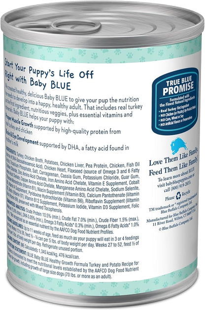 Blue Buffalo Baby BLUE Healthy Growth Formula Grain Free High Protein, Natural Puppy Wet Dog Food, Turkey and Potato Recipe 12.5-oz Cans (Pack of 12)
