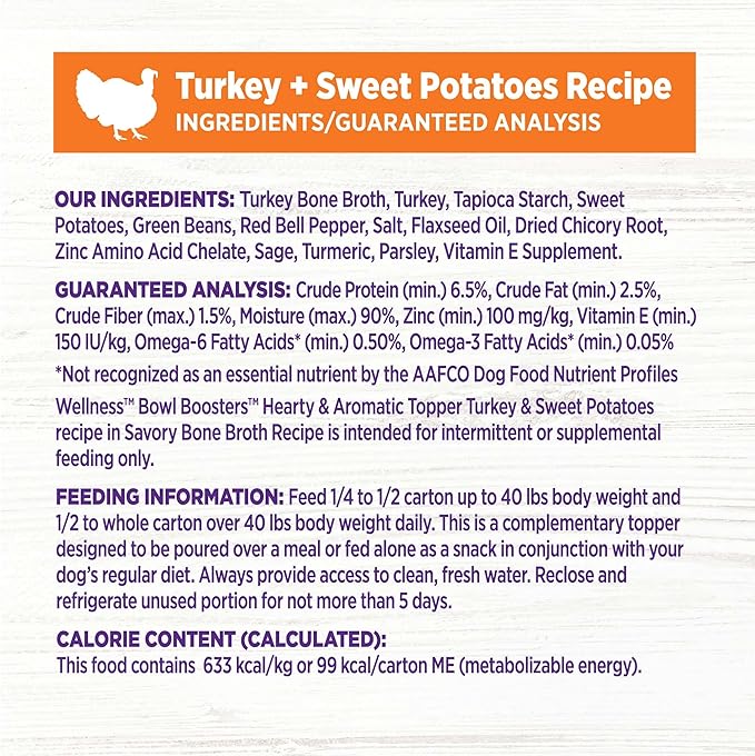 Wellness Bowl Boosters Hearty Toppers, Turkey & Sweet Potatoes Recipe in Savory Bone Broth Dog Food Toppers, 5.5 Ounce Pouch (Pack of 12)