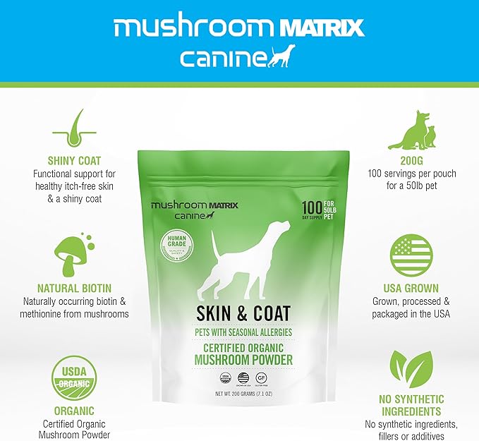 Om Mushroom Matrix Pet - Canine | Skin & Coat | USA Grown Human-Grade Organic Mushroom Powder Pet Supplement | Seasonal Allergy Skin & Coat Support for Dogs & Cats | 200 Grams, 7.1 oz