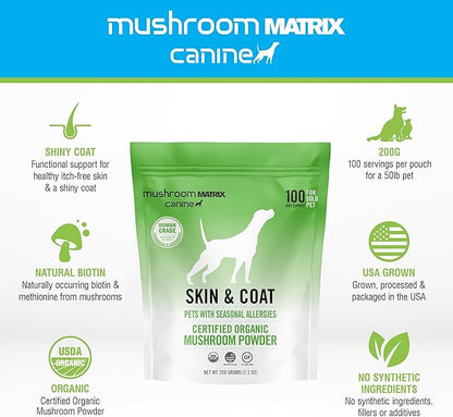 Om Mushroom Matrix Pet - Canine | Skin & Coat | USA Grown Human-Grade Organic Mushroom Powder Pet Supplement | Seasonal Allergy Skin & Coat Support for Dogs & Cats | 200 Grams, 7.1 oz