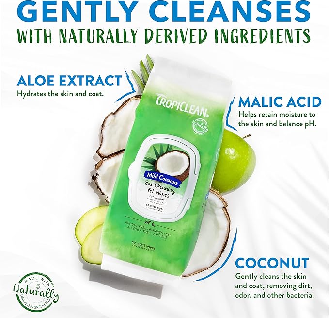 TropiClean Mild Coconut Dog Ears Cleaning Wipes | Ear Wipes for Dogs & Cats | Deodorizing Pet Ear Wipes Derived from Natural Ingredients | 50 Count
