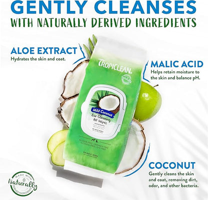 TropiClean Mild Coconut Dog Ears Cleaning Wipes | Ear Wipes for Dogs & Cats | Deodorizing Pet Ear Wipes Derived from Natural Ingredients | 50 Count