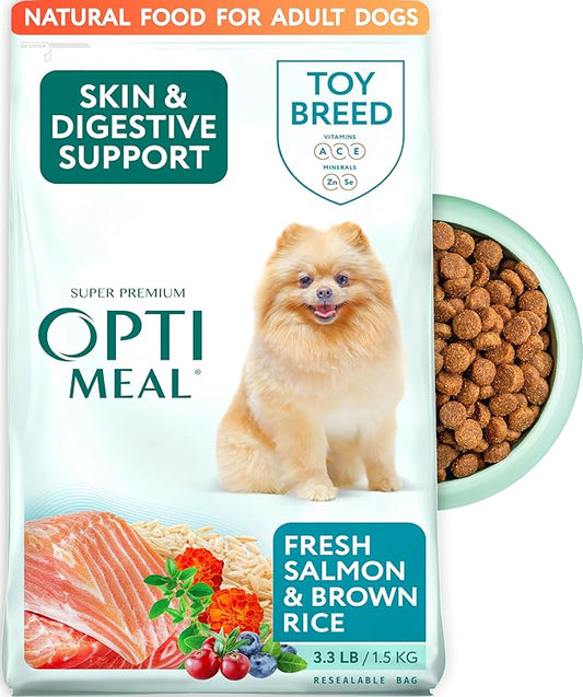 OPtimeal Dry Dog Food for Toy Breeds - Proudly Ukrainian - Tasty Dog Food Dry Recipe with Skin and Digestive Support for Adult Small and Toy Breed Dogs (3.3 Pound (Pack of 1), Salmon & Brown Rice)