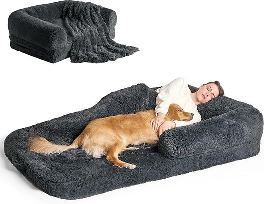 EHEYCIGA Foldable Human Dog Bed for Adult, Orthopedic Memory Foam Dog Bed for Humans, Waterproof Human Dog Bed for People, Faux Fur Human Sized Dog Bed, Dark Grey, 72"x44"x12"