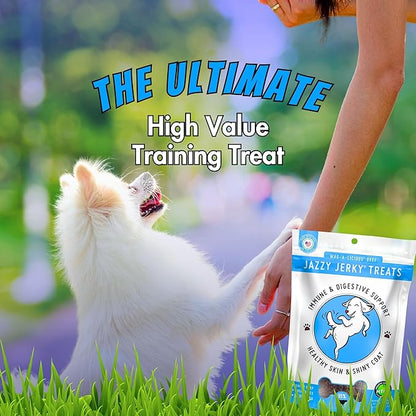 Jazzy Jerky Treats for Dgos, Beef & Salmon 2-PACK, 95% Protein, Prebiotics for Gut & Immune Health, Omega 3s & 6s for Skin & Coat, Made in USA, All ages, (Two 10 oz. bags)