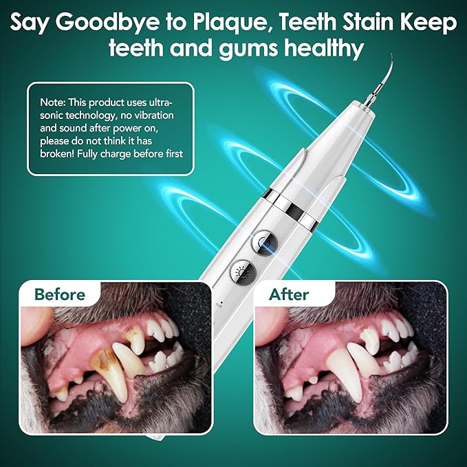 Plaque Remover for Teeth - Pet Ultrasonic Toothbrush Cleaner - Teeth Cleaning Kit for Tartar and Stains - Suitable for Dogs and Cats (White)