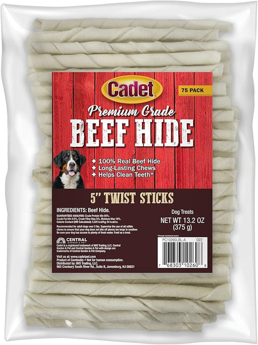 Cadet Premium Grade Beef Hide for Dogs, Long Lasting Rawhide Twist Chew Sticks, Natural Dog Chews, 5 Inch Dog Bones (75 Count)