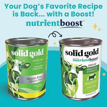 Solid Gold Green Cow Wet Dog Food Mix in for Adult & Senior Dogs for Picky Eaters - Canned Dog Food Additive with Beef Tripe for Healthy Digestion & Sensitive Stomach 12 Pack/13.2 oz Cans