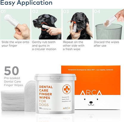 Dental Care Finger Wipes for Dogs - Dog Dental Teeth Cleaning Wipes for Dogs- Pre-Soaked Oral Cleaning Pads- Reduces Plaque, Tartar & Freshen Breath - 50 Disposable Wipes