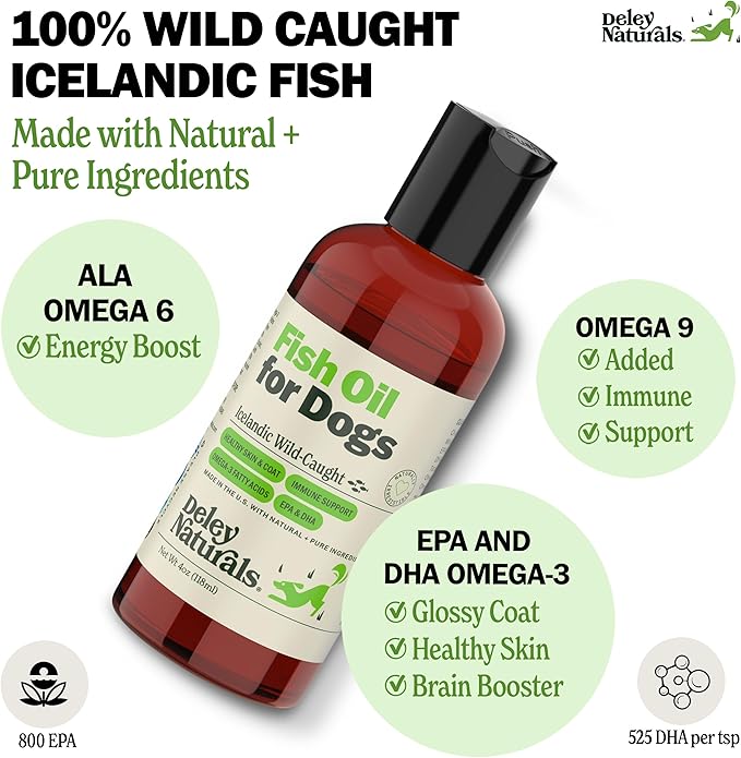 Wild Caught Fish Oil for Dogs - 4oz - Omega 3-6-9, GMO Free - Reduces Shedding, Supports Skin, Coat, Joints, Heart, Brain, Immune System - Highest EPA & DHA Potency - Only Ingredient is Fish
