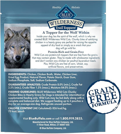 Blue Buffalo Wilderness Trail Toppers Wild Cuts High Protein Natural Wet Dog Food, Chunky Chicken Bites in Hearty Gravy, 3 Oz pouches (Pack of 24)