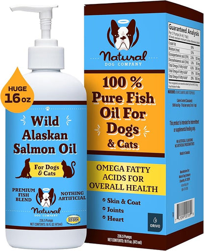 Natural Dog Company Wild Alaskan Fish Oil for Dogs and Cats (16oz) - Blend of Pollock Oil & Wild Salmon Oil for Dogs - EPA, DHA & Omega 3 for dogs - Reduces Shedding, Nourishes Skin, Coat & Joints