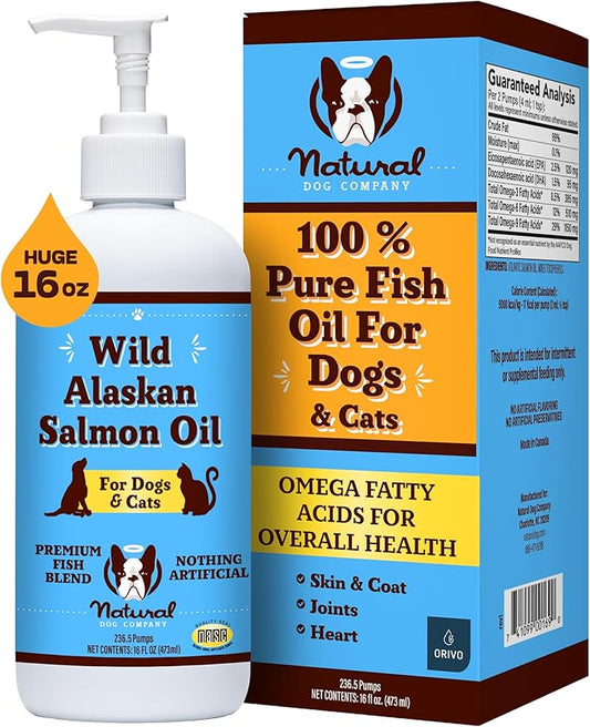 Natural Dog Company Wild Alaskan Fish Oil for Dogs and Cats (16oz) - Blend of Pollock Oil & Wild Salmon Oil for Dogs - EPA, DHA & Omega 3 for dogs - Reduces Shedding, Nourishes Skin, Coat & Joints