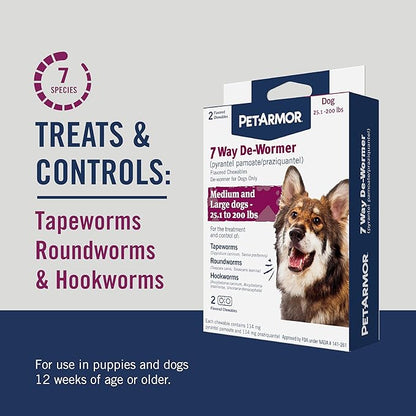 PetArmor 7 Way De-Wormer for Dogs, Oral Treatment for Tapeworm, Roundworm & Hookworm in Large Dogs & Puppies (Over 25 lbs), Worm Remover (Praziquantel & Pyrantel Pamoate), 2 Flavored Chewables