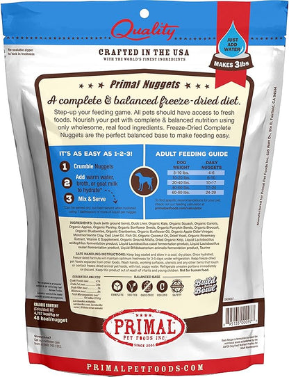 Primal Freeze Dried Dog Food Nuggets, Duck; Complete & Balanced Meal; Also Use as Topper or Treat; Premium, Healthy, Grain Free, High Protein Raw Dog Food, 14 oz