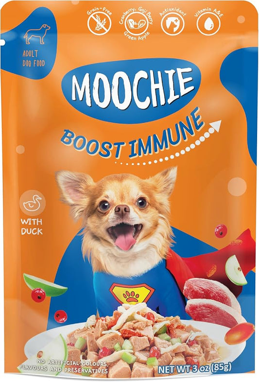 MOOCHIE Grain Free Wet Dog Food for Small Breed - Boost Immune - Duck with Cranberry, Goji Berry and Green Apple - No Added Preservatives or Artificial Flavoring - 3 oz x 12 Pouches