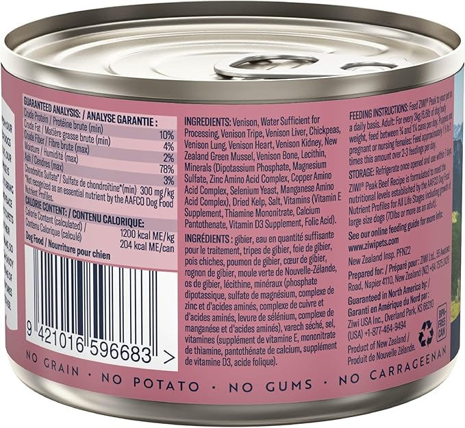ZIWI Peak Canned Wet Dog Food – All Natural, High Protein, Grain Free, Limited Ingredient, with Superfoods (Venison, Case of 12, 6oz Cans)