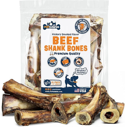 Dog Bones for Aggressive Chewers | 7-8" Hickory Smoked Flavor Beef Shank Bones | Dog Bones for Medium Dog | All Natural Dog Bone Treats Made in The USA - Individually Wrapped (10 Piece Pack)