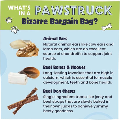 Pawstruck Bizarre Bargain Bag Assorted Natural Dog Chew Treats - Animal Ears, Jerky, Bones, Hooves, Beef Straps - Long Lasting Rawhide Alternative for Chewers All Breeds - 1 lb - Packaging May Vary